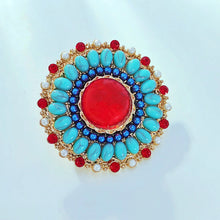 Load image into Gallery viewer, Vintage Style Red and Turquoise Round Art Deco Brooch Pin Sunflower Jewelry
