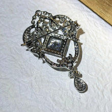 Load image into Gallery viewer, Magnificent Silver tone Opens Garland Style Square Stone Accent Brooch with Pearl Drop
