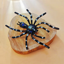 Load image into Gallery viewer, Dangerous Large Black Enamel Tarantula Spider Brooch with Blue Accent Halloween Jewelry
