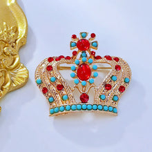 Load image into Gallery viewer, Vintage Red and Turquoise Crown Pin Brooch Costume Jewelry
