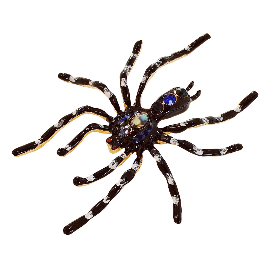 Dangerous Large Black Enamel Tarantula Spider Brooch with Blue Accent Halloween Jewelry