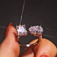 Load image into Gallery viewer, Celebrity Style Two Stone Open Ring with Colorless Square and Pear Shaped Zircon Resizable Cocktail Jewelry
