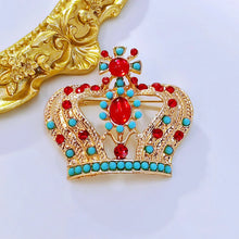 Load image into Gallery viewer, Vintage Red and Turquoise Crown Pin Brooch Costume Jewelry
