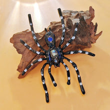 Load image into Gallery viewer, Dangerous Large Black Enamel Tarantula Spider Brooch with Blue Accent Halloween Jewelry
