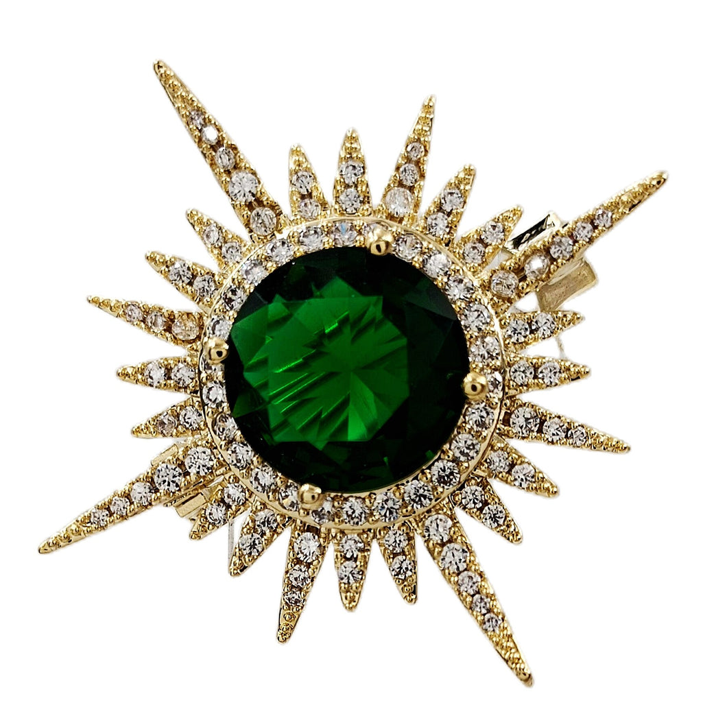 Excellent Gold and Emerald Starburst Pin Brooch Planet Sun Burst Jewelry