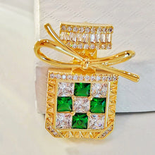 Load image into Gallery viewer, Splendid Gold Tone Green Stone-Studded Perfume Bottle Brooch with Bowtie Lady Pin Jewelry
