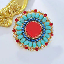 Load image into Gallery viewer, Vintage Style Red and Turquoise Round Art Deco Brooch Pin Sunflower Jewelry
