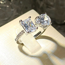 Load image into Gallery viewer, Celebrity Style Two Stone Open Ring with Colorless Square and Pear Shaped Zircon Resizable Cocktail Jewelry
