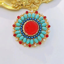 Load image into Gallery viewer, Vintage Style Red and Turquoise Round Art Deco Brooch Pin Sunflower Jewelry
