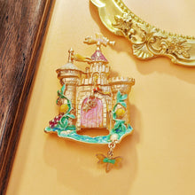 Load image into Gallery viewer, Vintage Gold Enamel Drawbridge Castle Brooch with Dragonfly Drop
