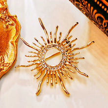 Load image into Gallery viewer, Shiny Crystal Accent Flaming Golden Sun Brooch Pin Solar Eclipse Jewelry
