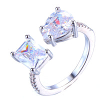 Load image into Gallery viewer, Celebrity Style Two Stone Open Ring with Colorless Square and Pear Shaped Zircon Resizable Cocktail Jewelry
