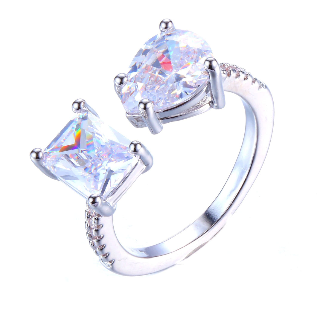 Celebrity Style Two Stone Open Ring with Colorless Square and Pear Shaped Zircon Resizable Cocktail Jewelry