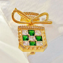 Load image into Gallery viewer, Splendid Gold Tone Green Stone-Studded Perfume Bottle Brooch with Bowtie Lady Pin Jewelry
