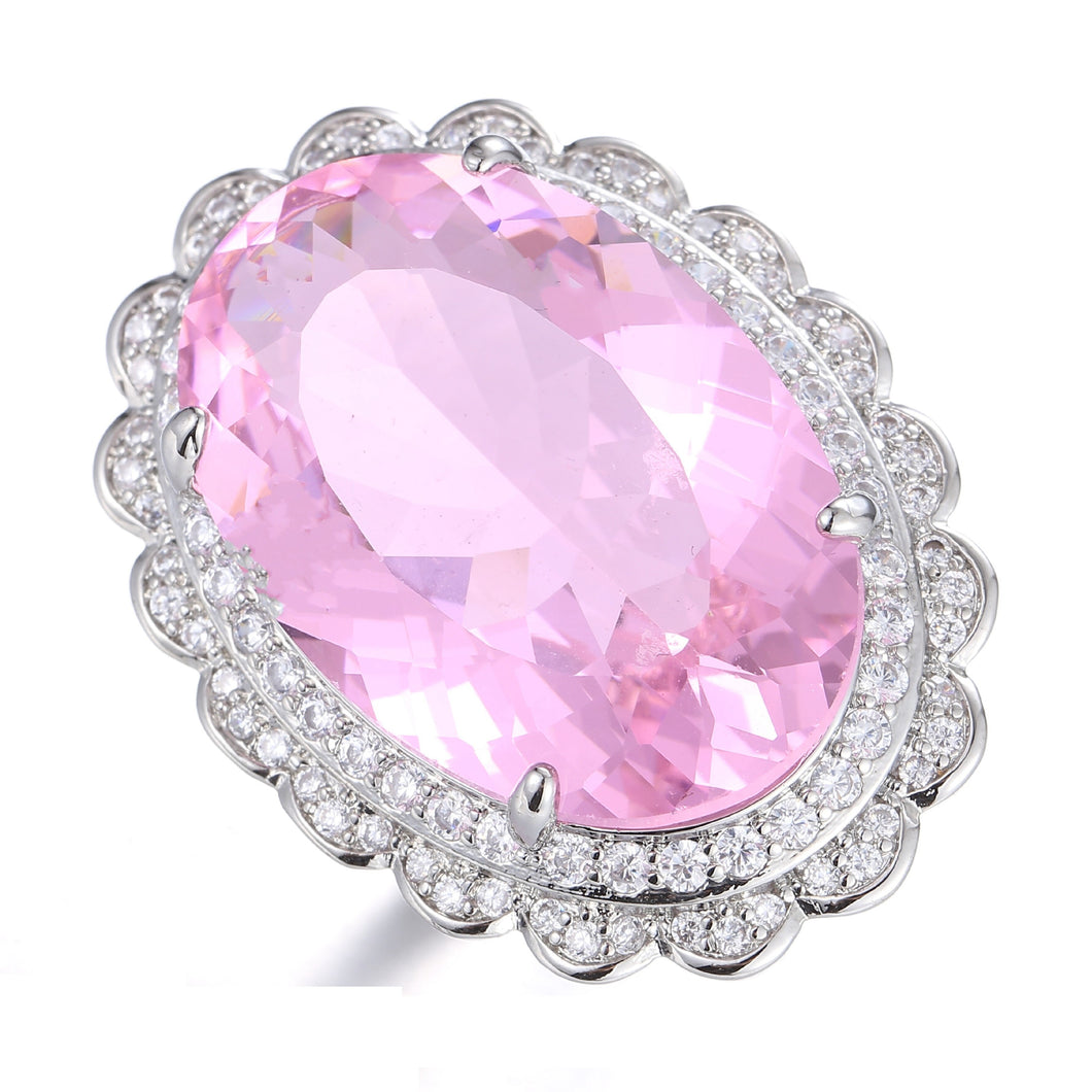 Fancy Style Oversize Pink Oval Stone Double Halo Solitaire Ring for Women