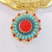 Load image into Gallery viewer, Vintage Style Red and Turquoise Round Art Deco Brooch Pin Sunflower Jewelry
