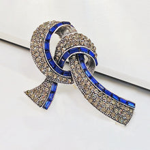 Load image into Gallery viewer, Elegant Vintage Blue Baguette and Champagne Crystal Ribbon Bow Brooch for Mom Her
