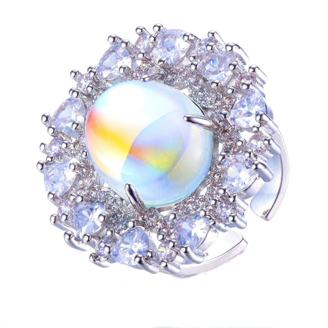 Romantic Stylish Heart Accent CZ Imitated Oval Opal Flower Cluster Rings Art Deco Cocktail Jewelry