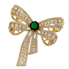 Load image into Gallery viewer, Edwardian Vintage Gold Tone Emerald and CZ Ribbon Bow Brooch Pin for Women Accessory
