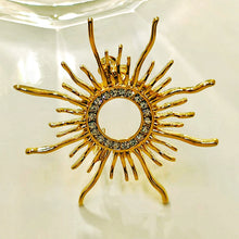 Load image into Gallery viewer, Shiny Crystal Accent Flaming Golden Sun Brooch Pin Solar Eclipse Jewelry
