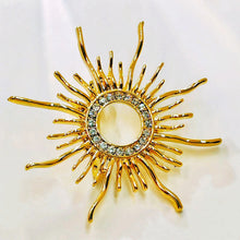 Load image into Gallery viewer, Shiny Crystal Accent Flaming Golden Sun Brooch Pin Solar Eclipse Jewelry
