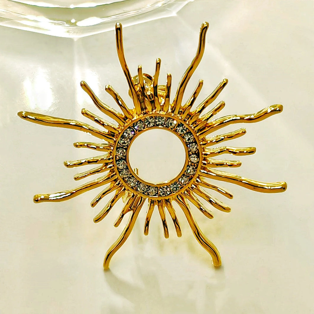 Shiny Crystal Accent Flaming Golden Sun Brooch Pin Solar Eclipse Jewelry