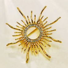 Load image into Gallery viewer, Shiny Crystal Accent Flaming Golden Sun Brooch Pin Solar Eclipse Jewelry
