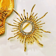 Load image into Gallery viewer, Shiny Crystal Accent Flaming Golden Sun Brooch Pin Solar Eclipse Jewelry
