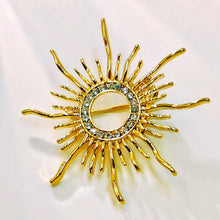 Load image into Gallery viewer, Shiny Crystal Accent Flaming Golden Sun Brooch Pin Solar Eclipse Jewelry
