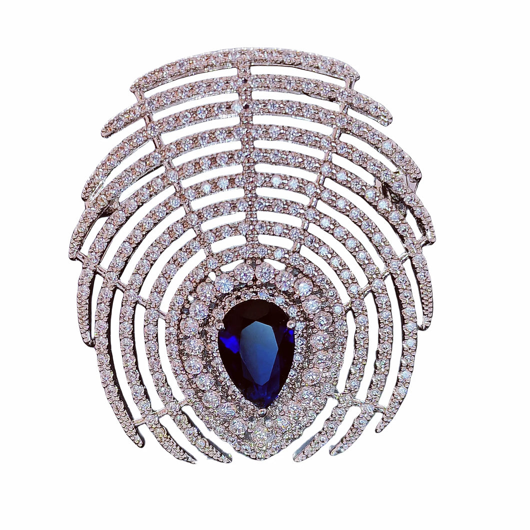 Sparkles Blue Pear Stone Accent Art Deco Palm Brooch Pin Bridal Jewelry