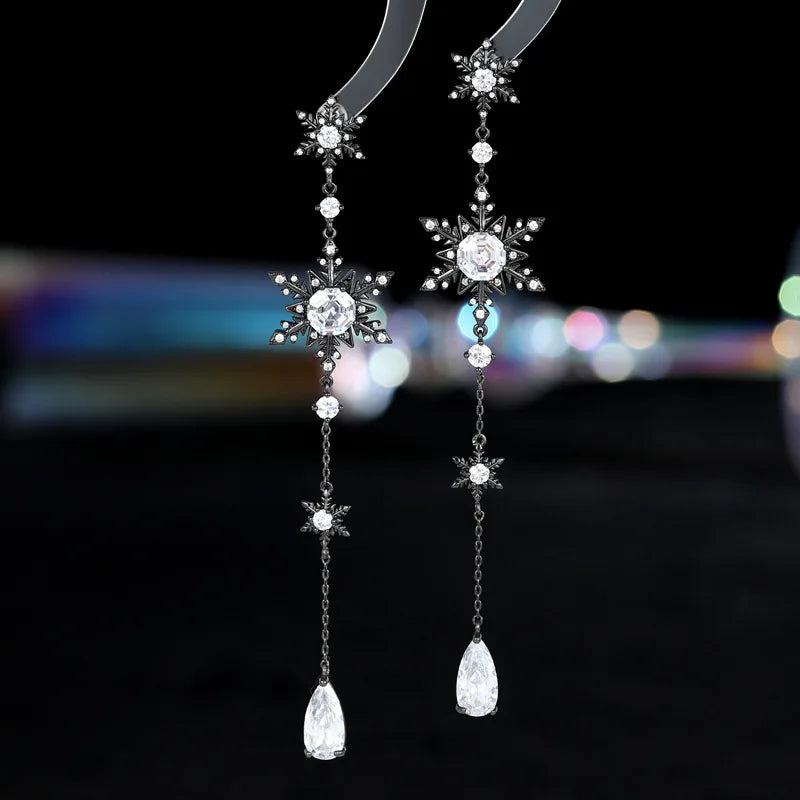 Sparkles Long Cubic Zircon Snowflake Drop Earrings for Event Jewelry