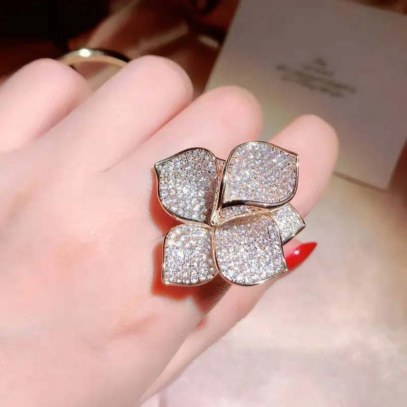 Sparkles Mirco Pave Cubic Zircon 3D Orchid Flower Cocktail Rings