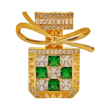 Load image into Gallery viewer, Splendid Gold Tone Green Stone-Studded Perfume Bottle Brooch with Bowtie Lady Pin Jewelry
