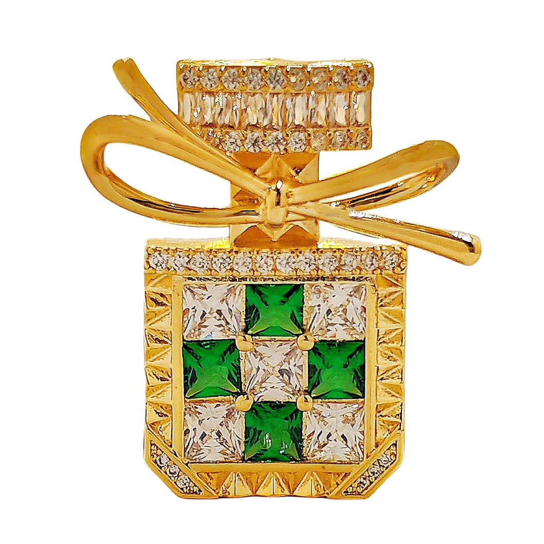 Splendid Gold Tone Green Stone-Studded Perfume Bottle Brooch with Bowtie Lady Pin Jewelry