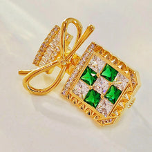 Load image into Gallery viewer, Splendid Gold Tone Green Stone-Studded Perfume Bottle Brooch with Bowtie Lady Pin Jewelry
