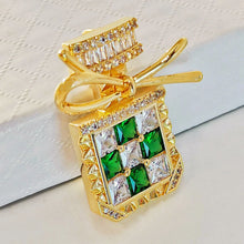 Load image into Gallery viewer, Splendid Gold Tone Green Stone-Studded Perfume Bottle Brooch with Bowtie Lady Pin Jewelry
