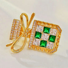 Load image into Gallery viewer, Splendid Gold Tone Green Stone-Studded Perfume Bottle Brooch with Bowtie Lady Pin Jewelry
