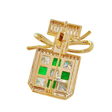 Load image into Gallery viewer, Splendid Gold Tone Green Stone-Studded Perfume Bottle Brooch with Bowtie Lady Pin Jewelry
