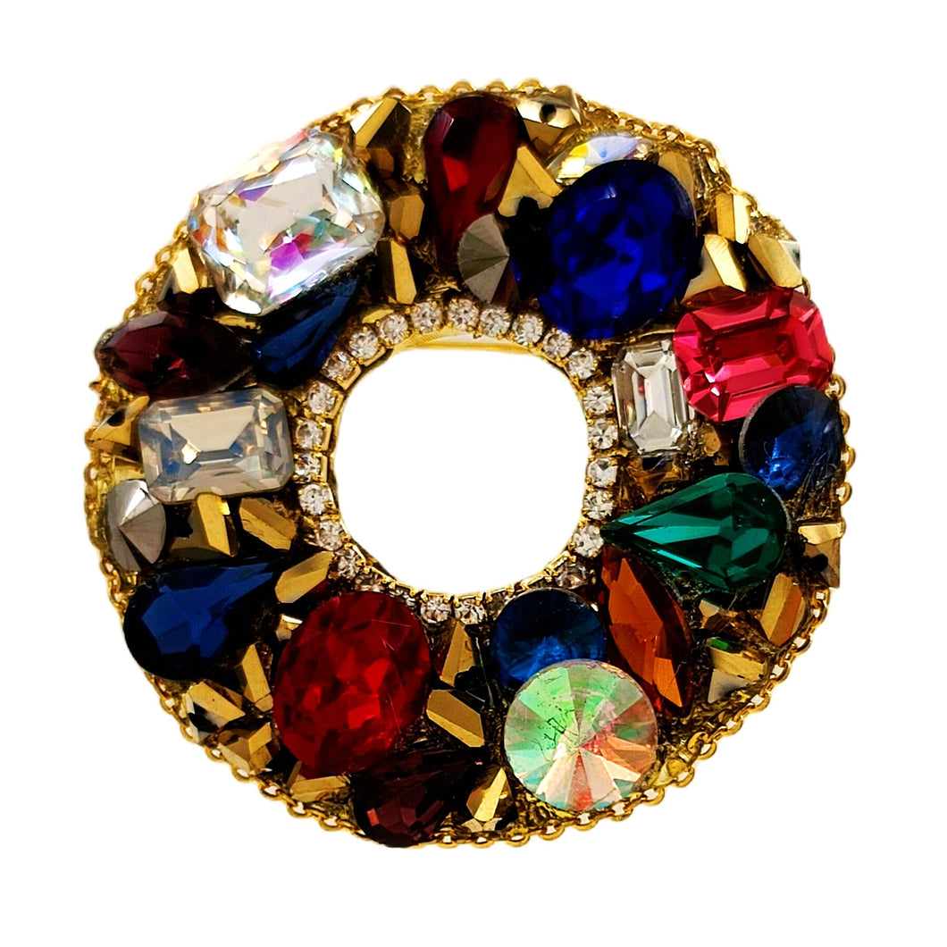 Splendid Multi Colored Stones Circular Brooch Pin Holiday Jewelry