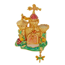 Load image into Gallery viewer, Vintage Gold Enamel Drawbridge Castle Brooch with Dragonfly Drop
