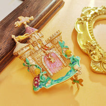 Load image into Gallery viewer, Vintage Gold Enamel Drawbridge Castle Brooch with Dragonfly Drop
