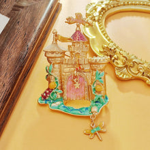 Load image into Gallery viewer, Vintage Gold Enamel Drawbridge Castle Brooch with Dragonfly Drop
