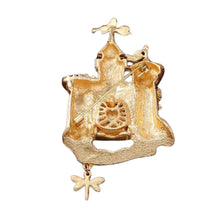 Load image into Gallery viewer, Vintage Gold Enamel Drawbridge Castle Brooch with Dragonfly Drop
