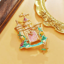 Load image into Gallery viewer, Vintage Gold Enamel Drawbridge Castle Brooch with Dragonfly Drop
