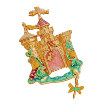 Load image into Gallery viewer, Vintage Gold Enamel Drawbridge Castle Brooch with Dragonfly Drop
