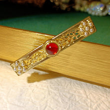 Load image into Gallery viewer, Vintage Gold Filigree Seed Pearls End Imitated Red Lucite Cabochon Centered Bar Pin
