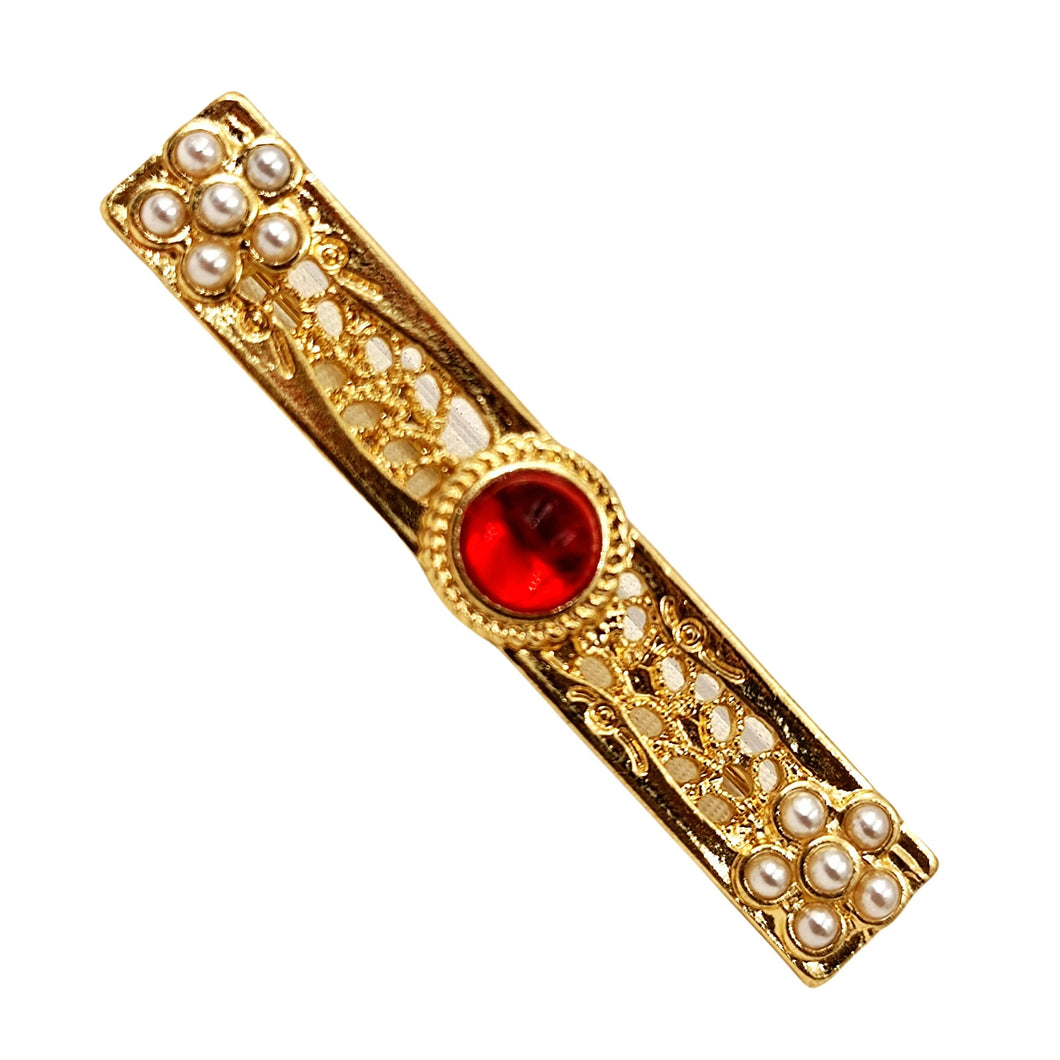 Vintage Gold Filigree Seed Pearls End Imitated Red Lucite Cabochon Centered Bar Pin