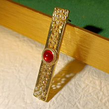 Load image into Gallery viewer, Vintage Gold Filigree Seed Pearls End Imitated Red Lucite Cabochon Centered Bar Pin
