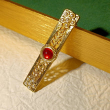 Load image into Gallery viewer, Vintage Gold Filigree Seed Pearls End Imitated Red Lucite Cabochon Centered Bar Pin
