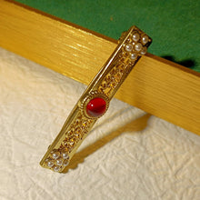 Load image into Gallery viewer, Vintage Gold Filigree Seed Pearls End Imitated Red Lucite Cabochon Centered Bar Pin
